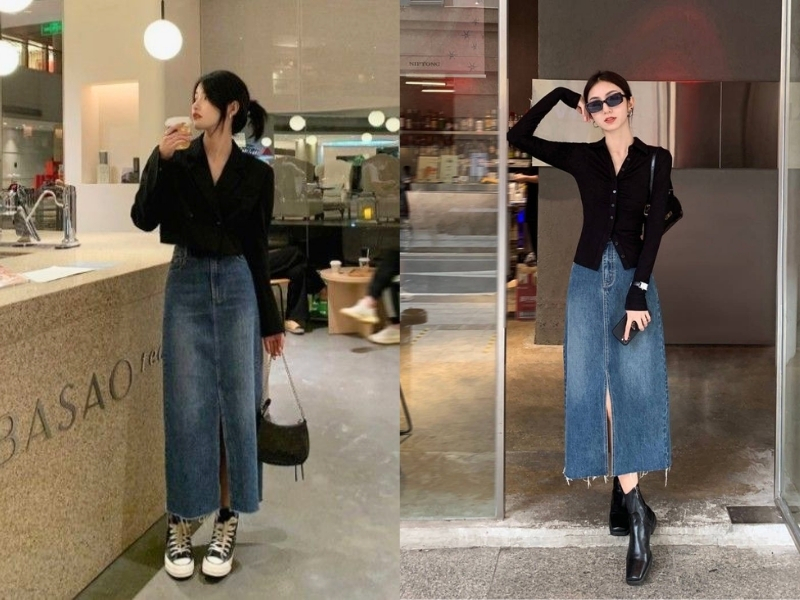 Áo croptop phối chân váy jean dài và khoác ngoài