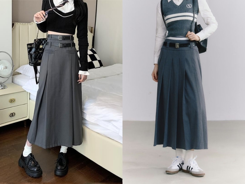 Chân váy chữ A dài phối giày sành điệu
