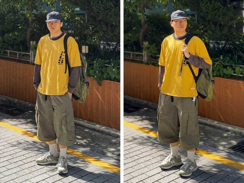 Áo thun vàng chanh mix cùng quần short kaki