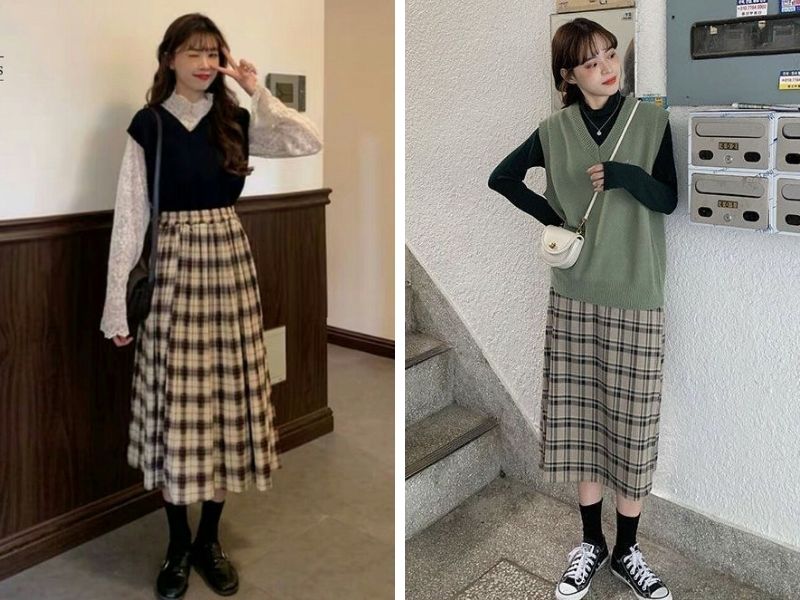 Cách phối áo len gile với chân váy caro