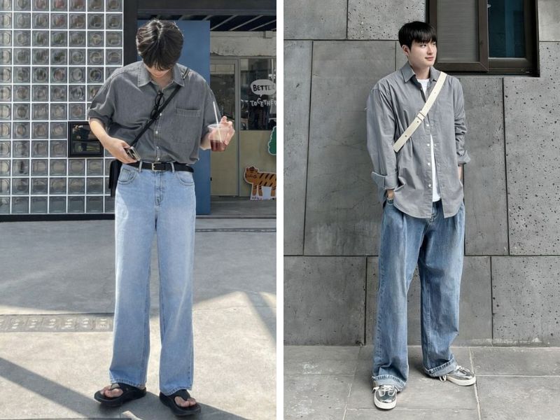 áo sơ mi xám quần jean xanh