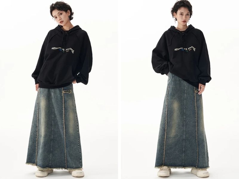 Cách phối chân váy jean dài với áo hoodie
