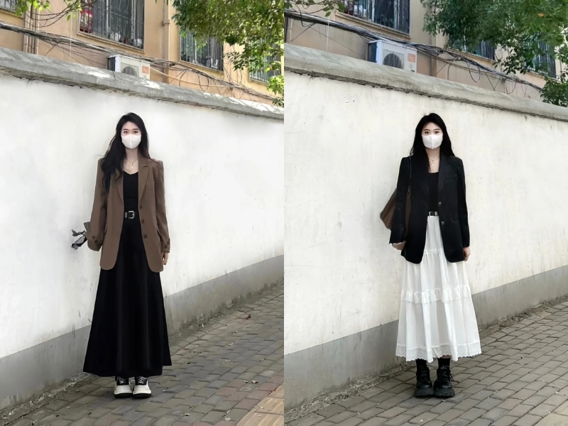 Chân váy chữ A dài phối áo blazer hiện đại
