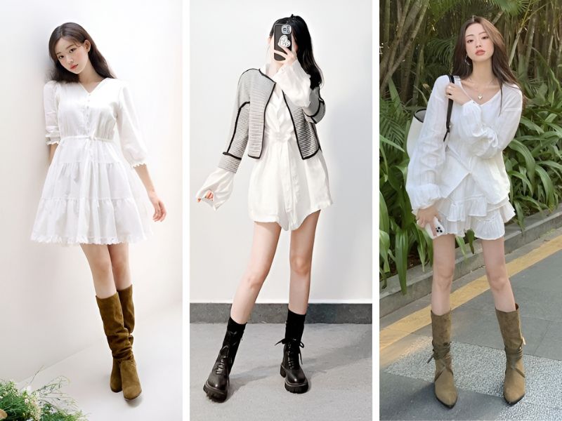 Phối boot lửng nữ và váy trắng 