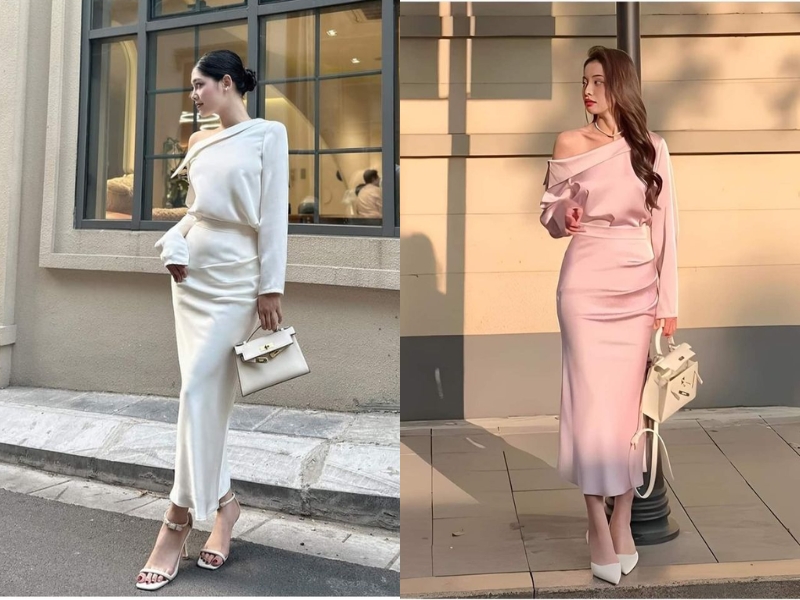 Outfit váy lụa satin và áo lệch vai