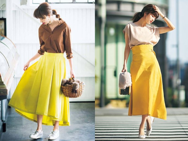 Chân váy vàng phối áo nâu