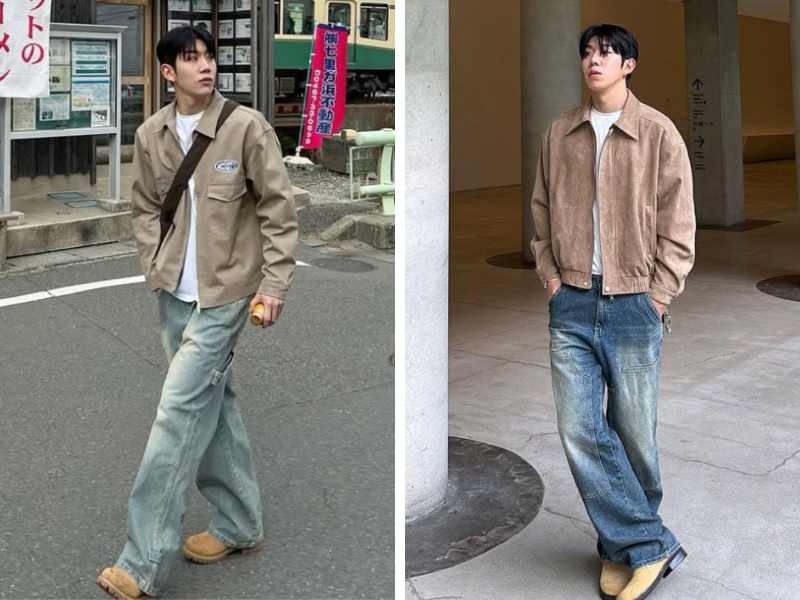 Phối quần jean ống rộng với áo khoác kaki