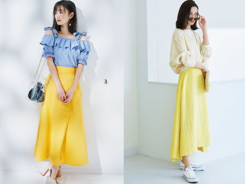 phối đồ với chân váy vàng và áo pastel
