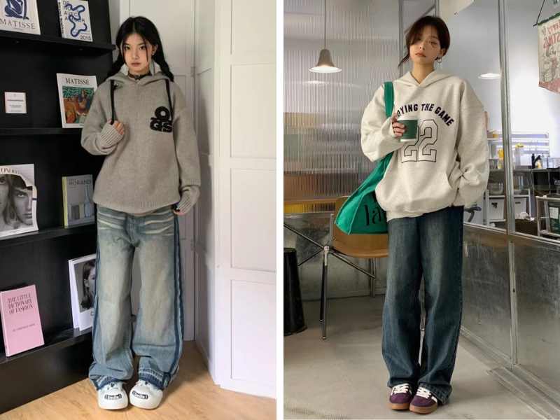 Mix quần jean ống rộng với áo hoodie