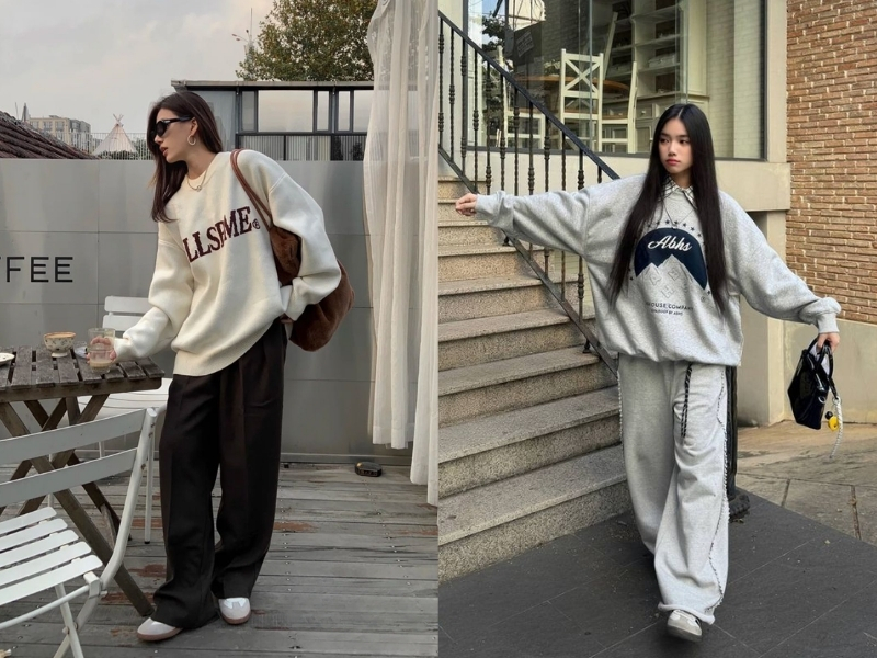 Áo sweater phối quần nỉ ống suông phong cách street style