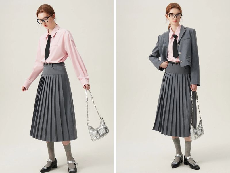 Cách mix chân váy suông dài với áo sơ mi