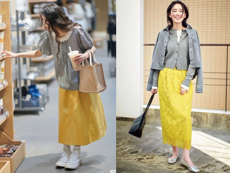 áo xám và chân váy vàng