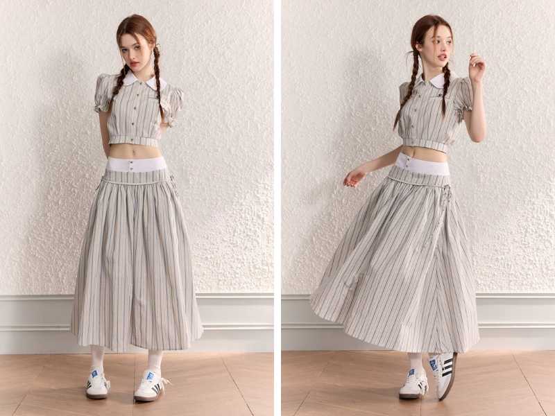 Cách phối chân váy suông dài với sơ mi croptop