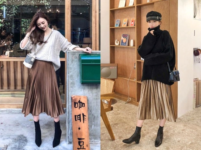 Váy xếp ly phối áo len hoặc sweater ấm áp