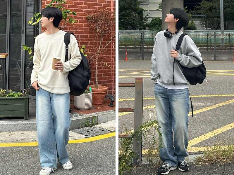 Phối quần jean ống rộng mùa đông với áo sweater