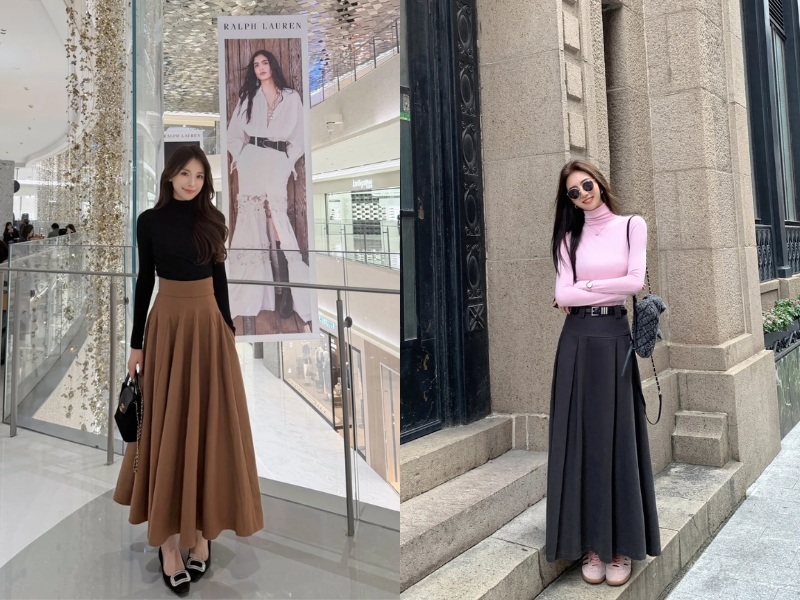 Phối đồ với chân váy chữ A dài và áo cổ lọ
