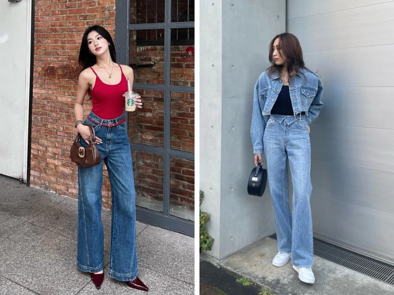 áo tanktop và quần jeans cạp cao với áo khoác jeans