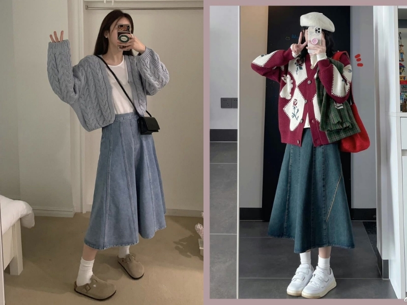 Áo cardigan dày phối chân váy bò dài mùa đông