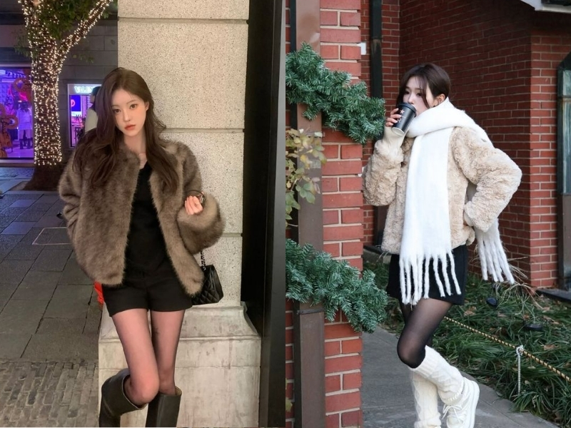 Áo lông dáng ngắn phối váy và tất giữ nhiệt