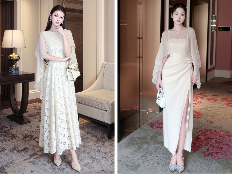 Đầm phối áo choàng voan