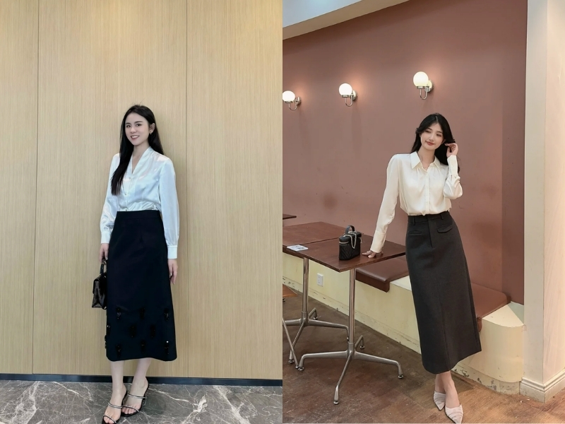 Chân váy chữ A dài phối áo sơ mi thanh lịch

