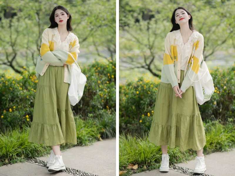 Cách phối chân váy màu xanh