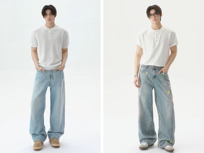 Phối đồ với quần baggy cạp cao vào áo henley 