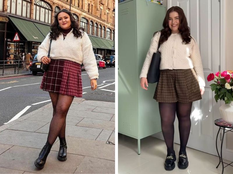 chân váy chữ a và áo len dáng lửng nữ mập