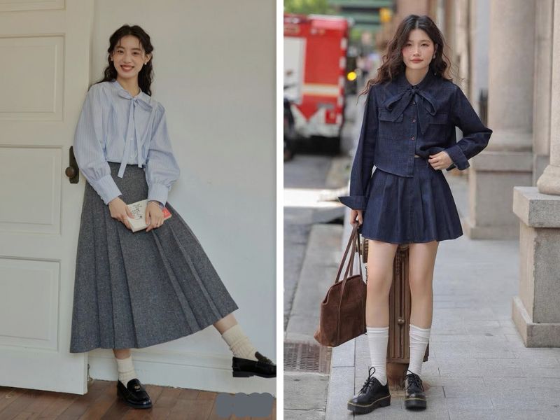 áo sơ mi cổ thắt nơ và chân váy xếp ly