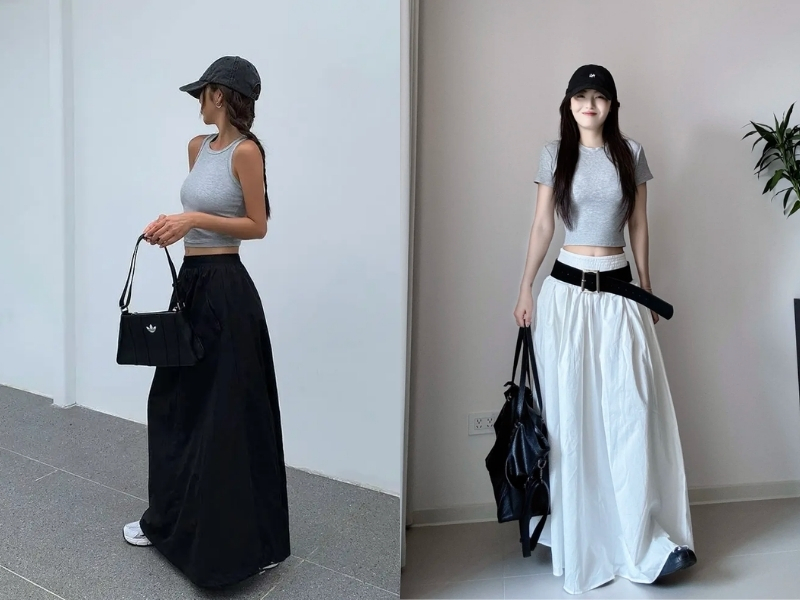 Phối chân váy chữ A dáng dài với áo croptop
