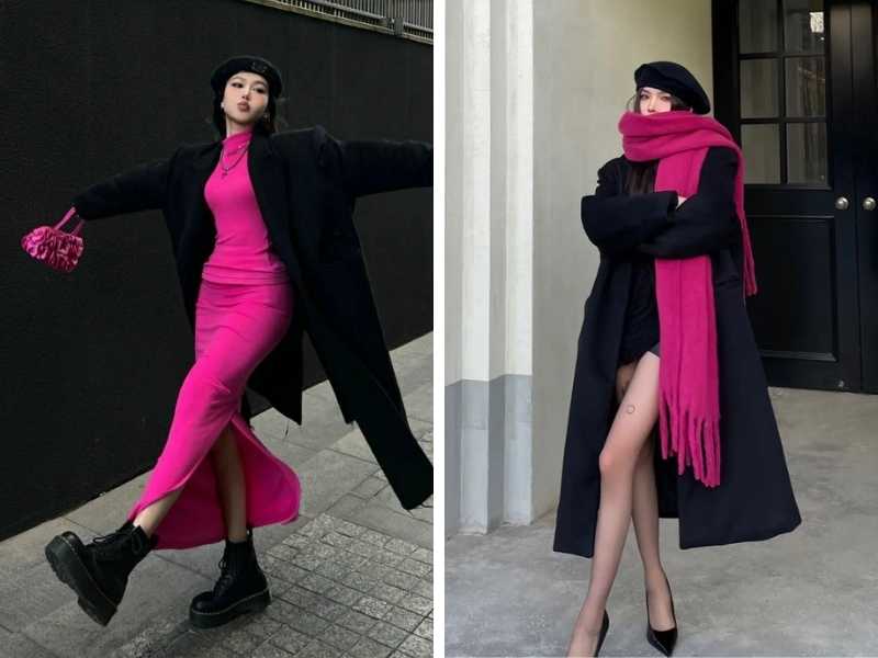 Phối outfit màu hồng cánh sen và đen cho nữ