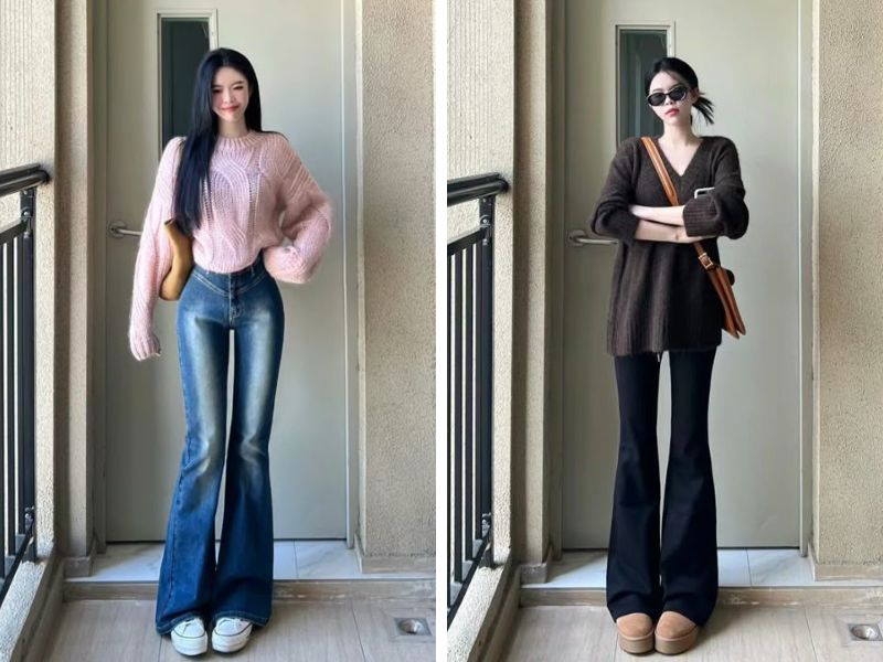 Cách phối quần jean ống loe nữ với sweater
