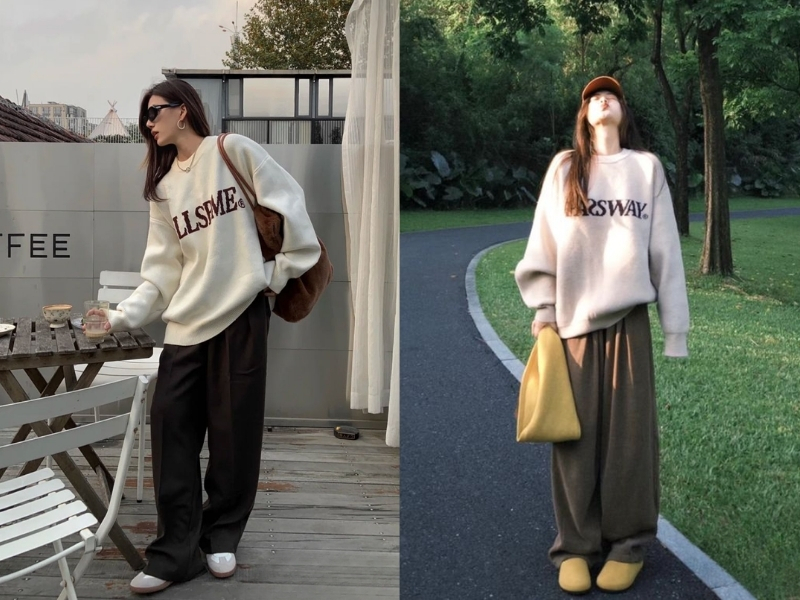 Áo sweater trơn phối quần ống rộng mùa đông