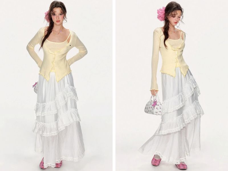 Cách mix chân váy suông dài với áo thun kiểu