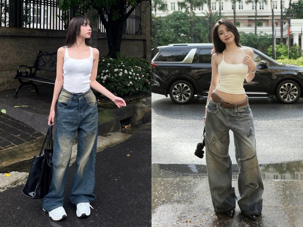 Outfit áo 2 dây và quần bò ống suông phong cách mùa hè