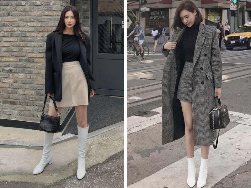 áo blazer với váy bút chì và boot trắng cổ cao