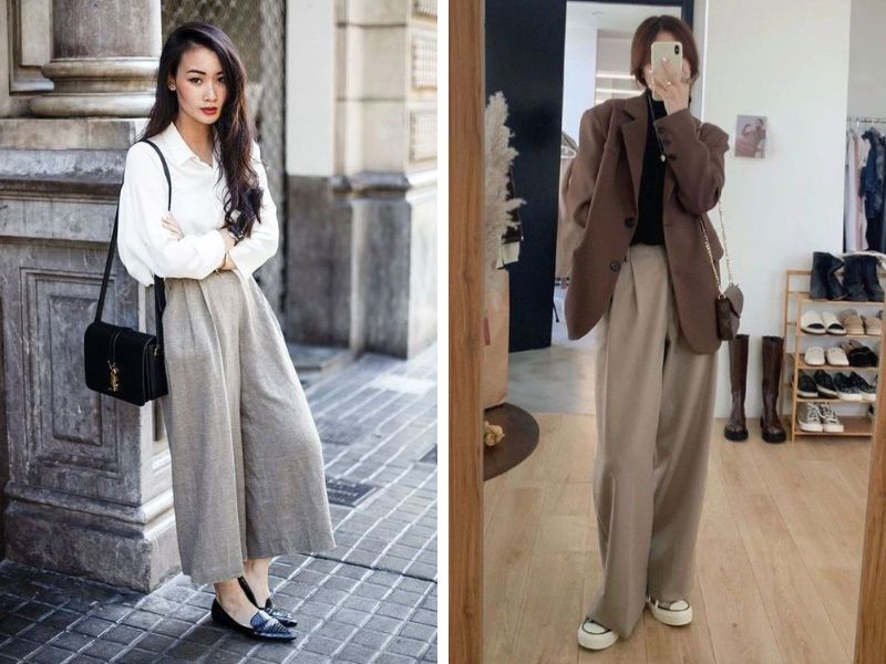 túi đeo chéo với blazer và quần culottes