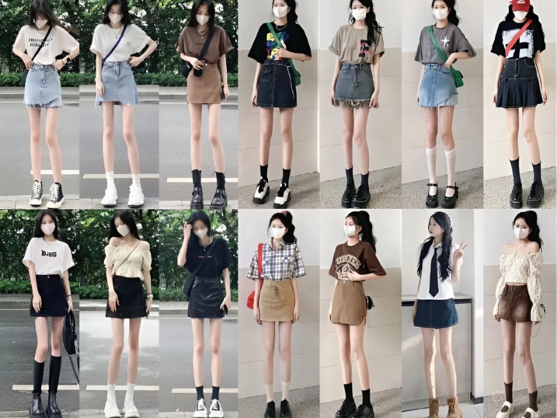 Chân váy chữ A ngắn phối áo dáng ôm
