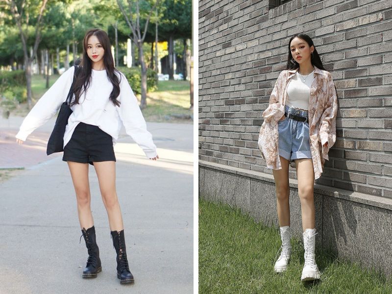 boot đế dày với quần short và áo sweater oversize áo sơ mi oversize