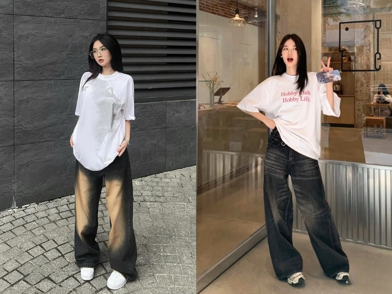 Áo thun form rộng vừa phải phối cùng quần jeans cạp cao ống đứng 