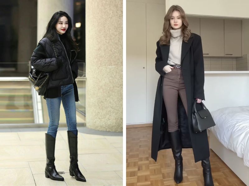 áo trench coat phối quần skinny với boot cổ cao dưới gối