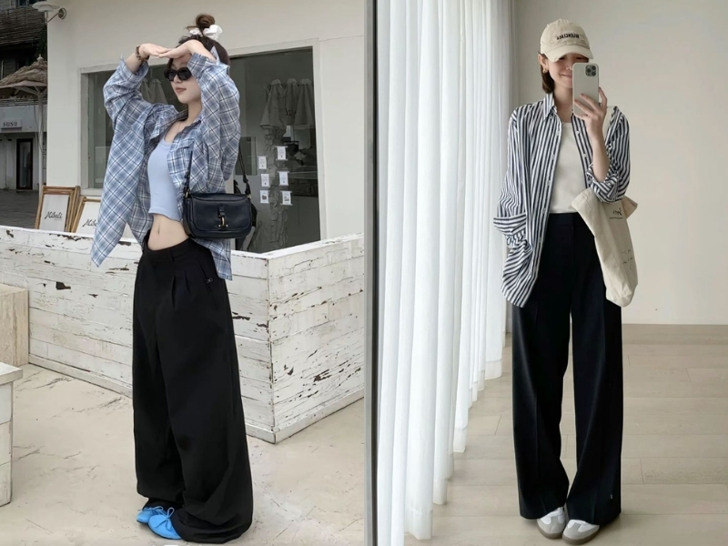 Quần suông đen phối áo sơ mi cho phong cách thanh lịch