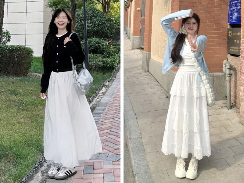 áo cardigan và chân váy trắng dài