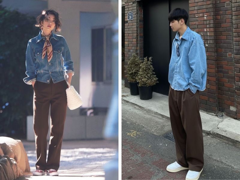 quần nâu đất và áo denim