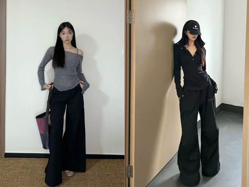 Phối đồ với quần ống suông đen và áo thun basic