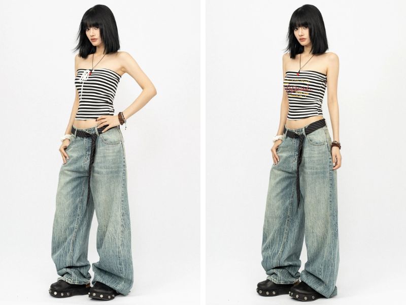 Cách phối quần baggy jean với với áo cúp ngực