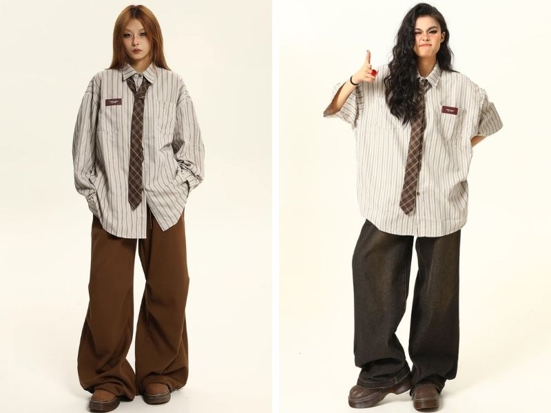 Cách phối quần baggy với sơ mi nữ
