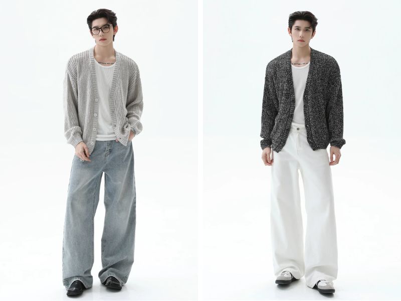 Phối đồ với quần baggy cạp cao với áo cardigan