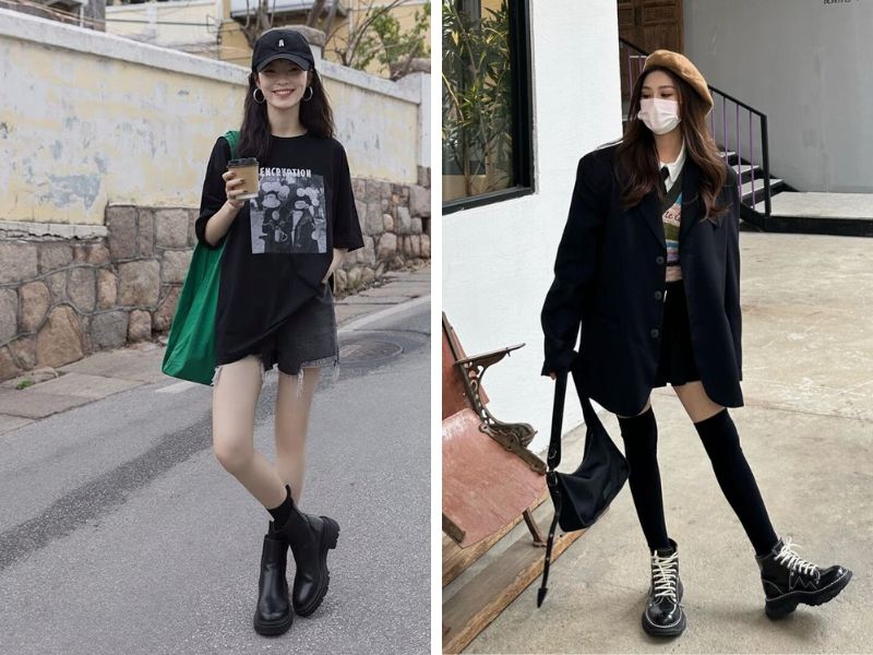 áo thun với áo blazer và boot cổ ngắn màu đen