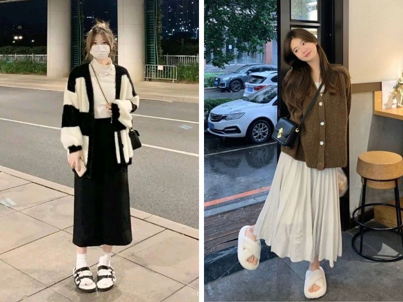 áo cardigan và chân váy midi dài chân váy xòe xếp ly dàu